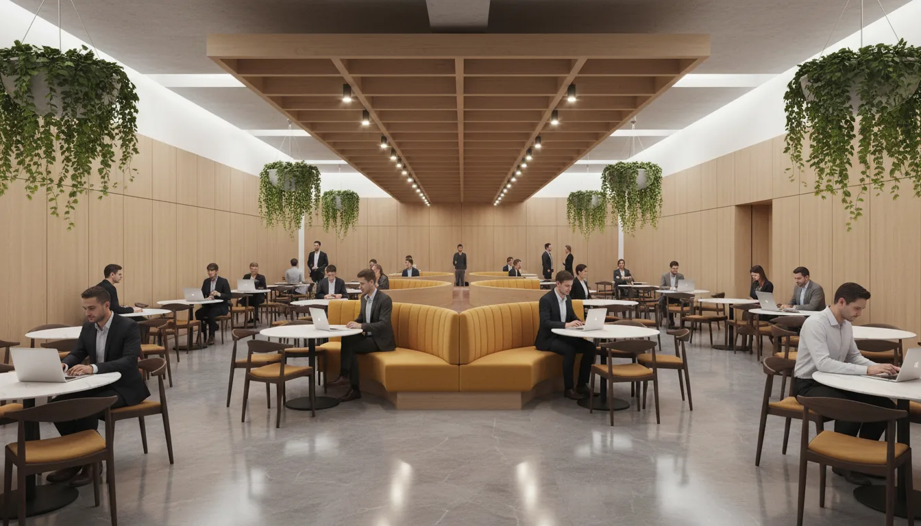 Photorealistic 3D architectural render, eye-level wide shot of a bright and modern coworking space lounge and cafe. The interior features polished grey marble floors, light wood paneled walls, and a dropped wood ceiling with a row of recessed spotlights. A large, curved, mustard-yellow booth is a central feature, surrounded by tables with white marble tops and dark wood chairs. Professionally dressed people are seated throughout the space, working on laptops and conversing. Soft global illumination fills the room, creating a clean, airy, and productive atmosphere. Hanging planters with green vines are suspended from the higher ceiling.