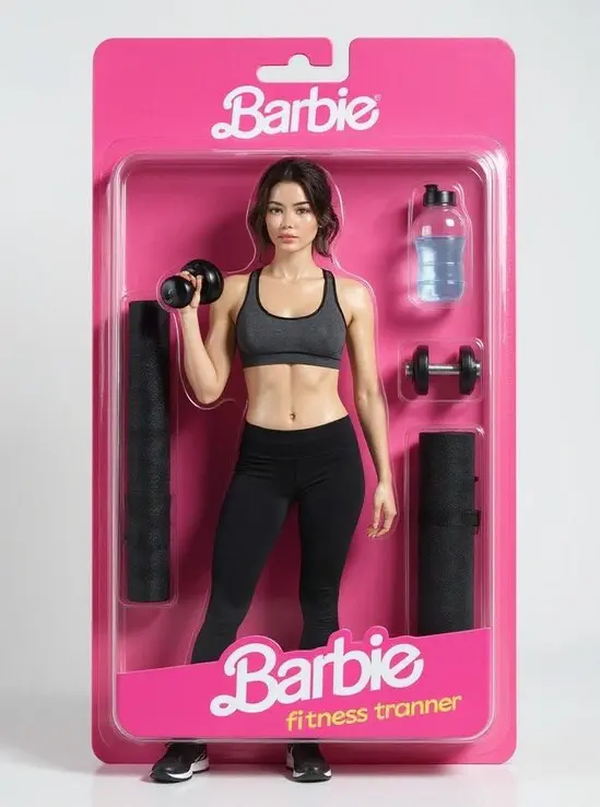 ai doll generator fitness Barbie doll with gym gear in toy box.