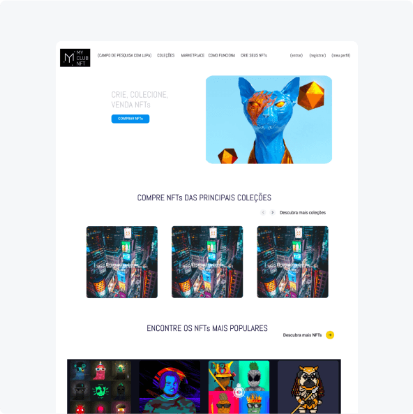 A colorful website layout featuring a blue animated character and various digital artwork thumbnails below.