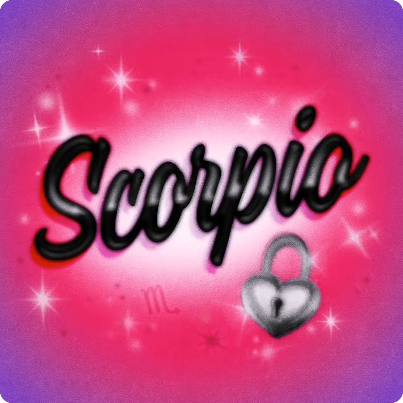 Text with a heart-shaped padlock that reads "Scorpio" against a sparkling pink background.