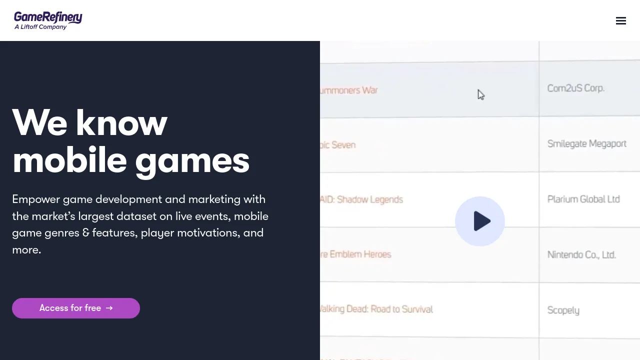 Screenshot of the GameRefinery website showcasing mobile game analytics and feature-level data