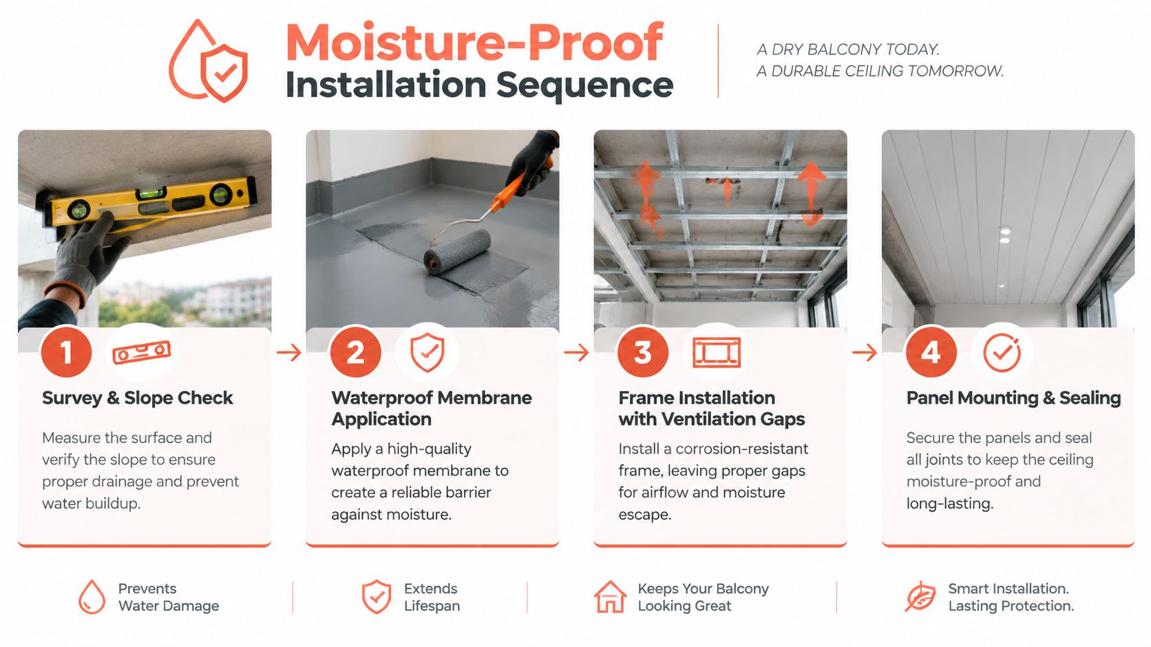 A four-step moisture-proof installation sequence guide for creating a durable balcony ceiling with proper waterproofing.