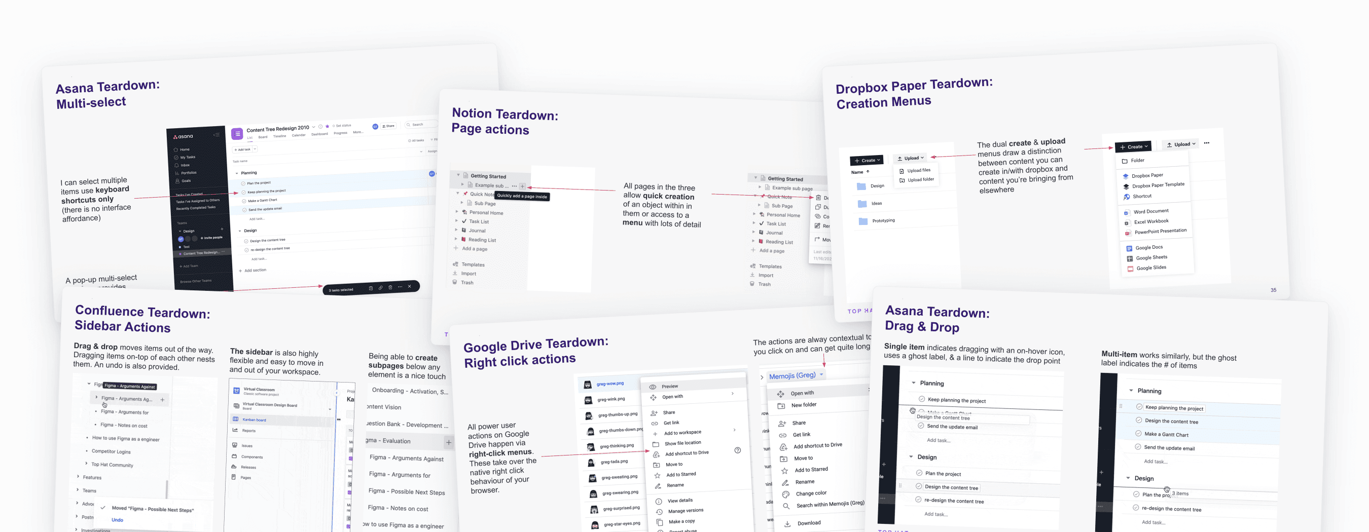 Slides showing comparative teardowns of content tree and file system interactions from products like Asana, Notion, Dropbox Paper, Confluence, and Google Drive, highlighting patterns for multi-select, actions, and drag and drop.