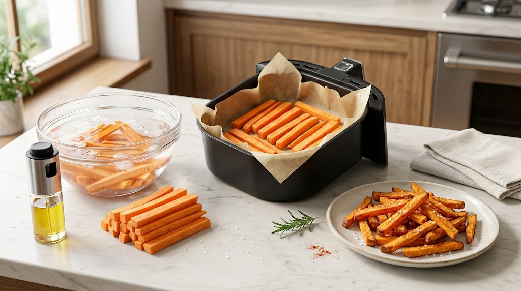 An organized kitchen counter showing a visual guide to making sweet potato fries in an air fryer, including the ingredients (oil, cut sweet potato batons, seasoning), an air fryer basket lined with parchment paper, and the finished crispy sweet potato fries on a plate.