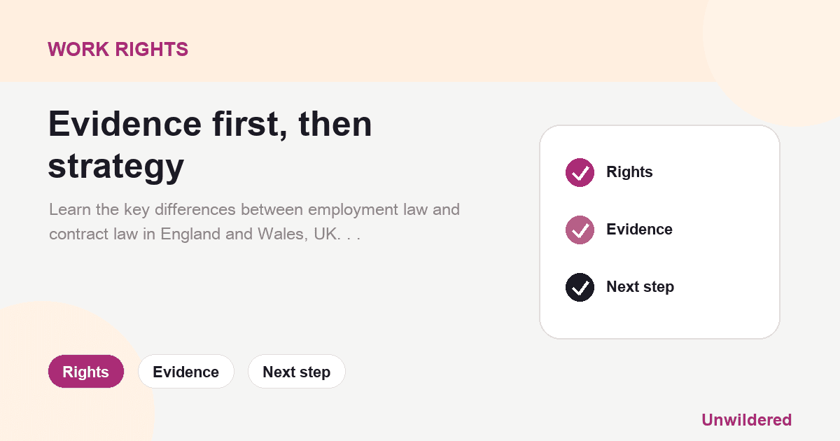 Explainer card for Employment Law vs Contract Law: Key Differences UK: Rights, Evidence, Next step.