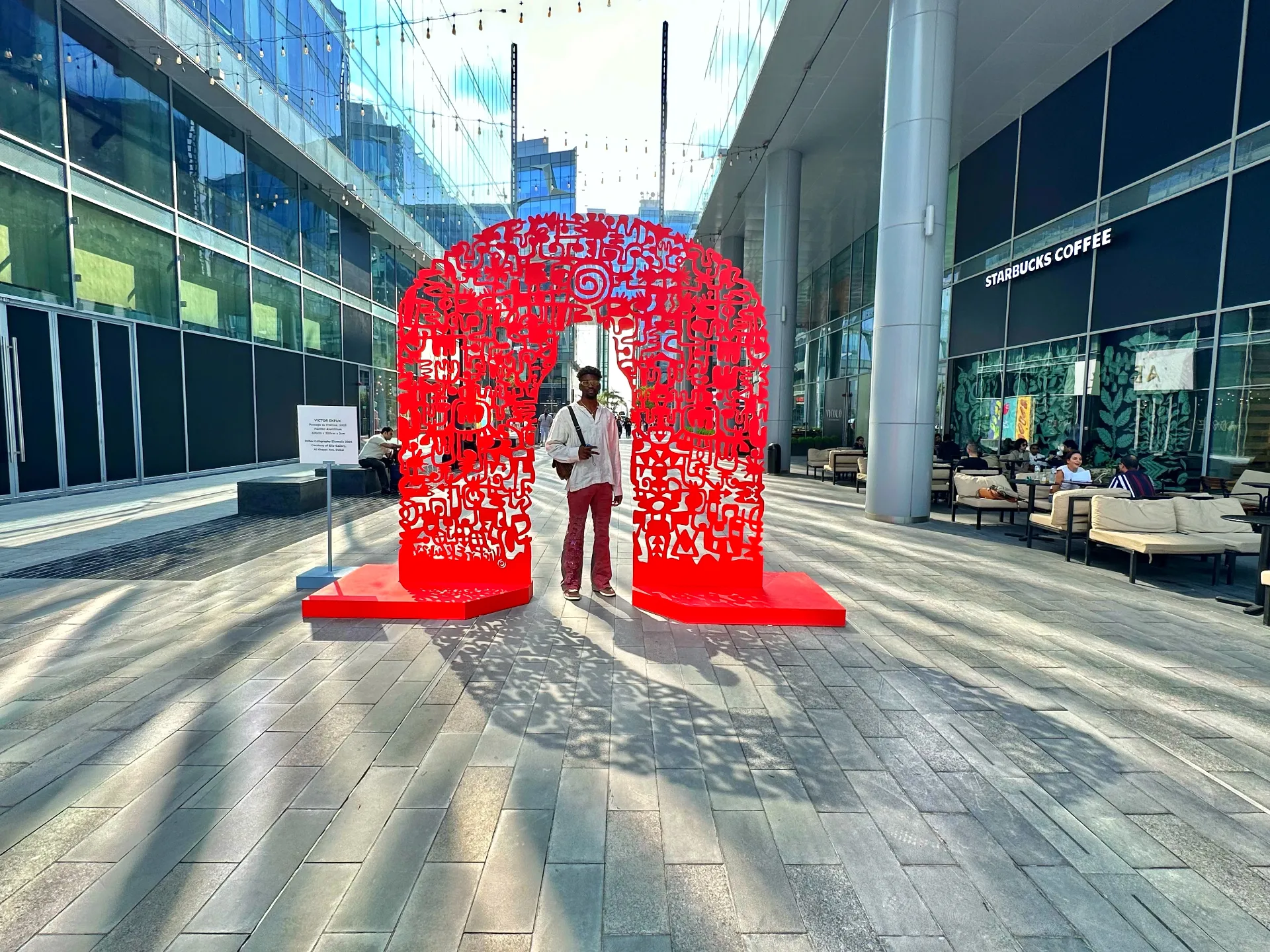 “Passage to Promise” c.2023, painted aluminium. Al Safa Art & Design Library, Dubai 
https://tecomgroup.ae/press-release/large-scale-installations-by-matta-bin-lahej-and-victor-ekpuk-unveiled-at-d3-for-inaugural-dubai