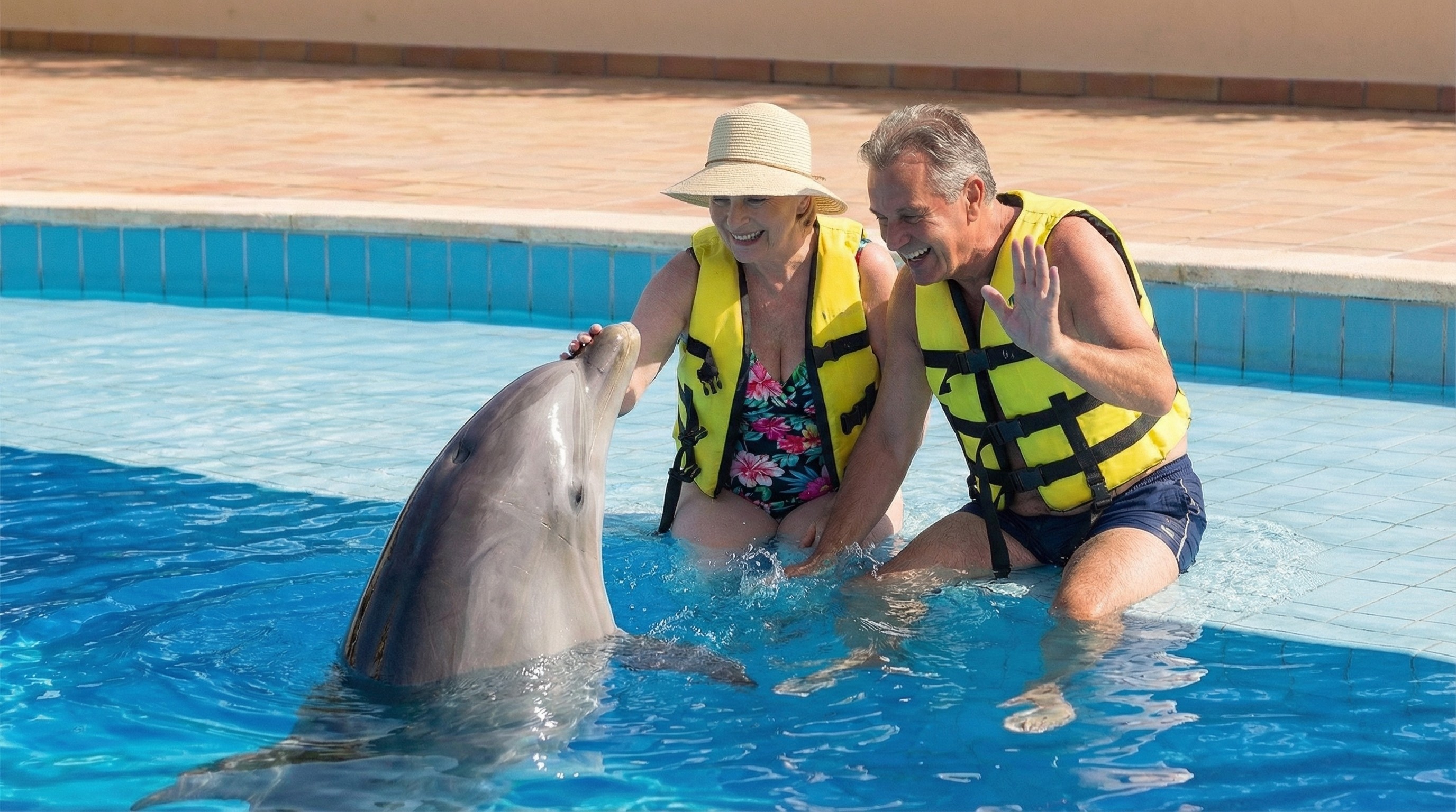 Older couple wearing yellow life jackets sitting in a pool interacting with a dolphin