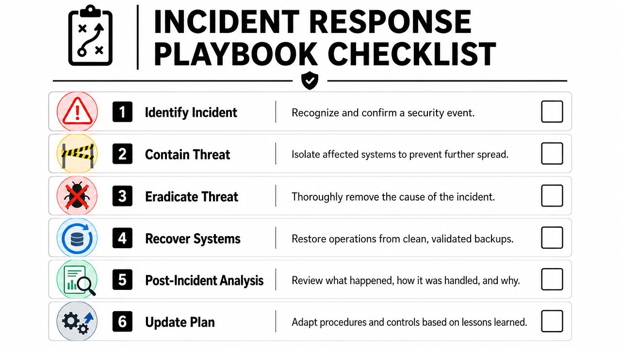 A professional infographic titled Incident Response Playbook Checklist outlining six essential steps for managing security incidents.