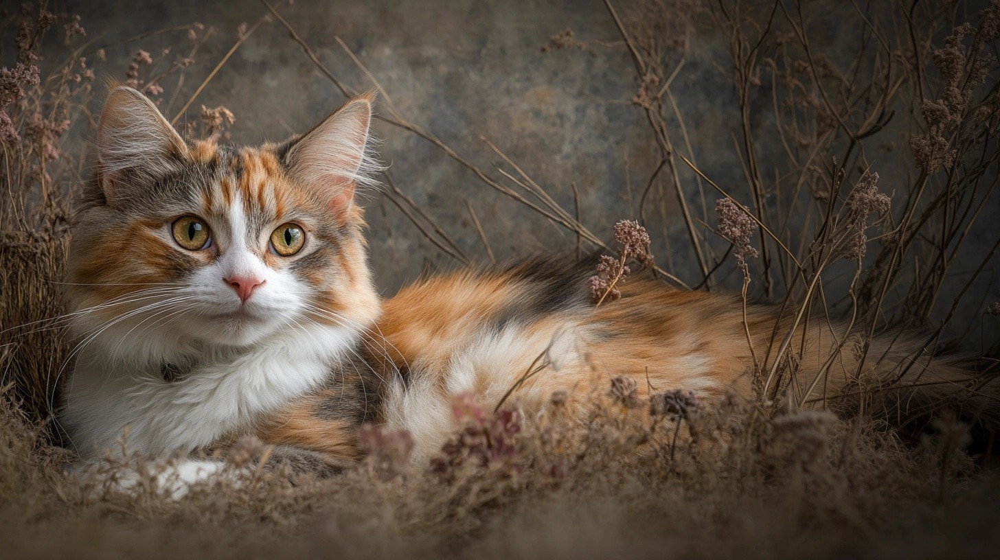 A pretty cat in dry foliage