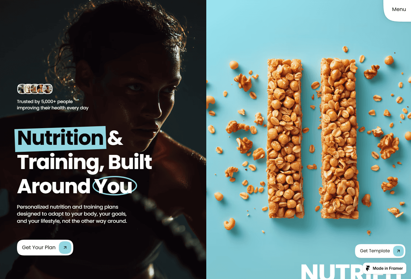 Split-screen nutrition and training website with an athlete on the left, headline "Nutrition & Training, Built Around You," and two protein bars on a blue background on the right.