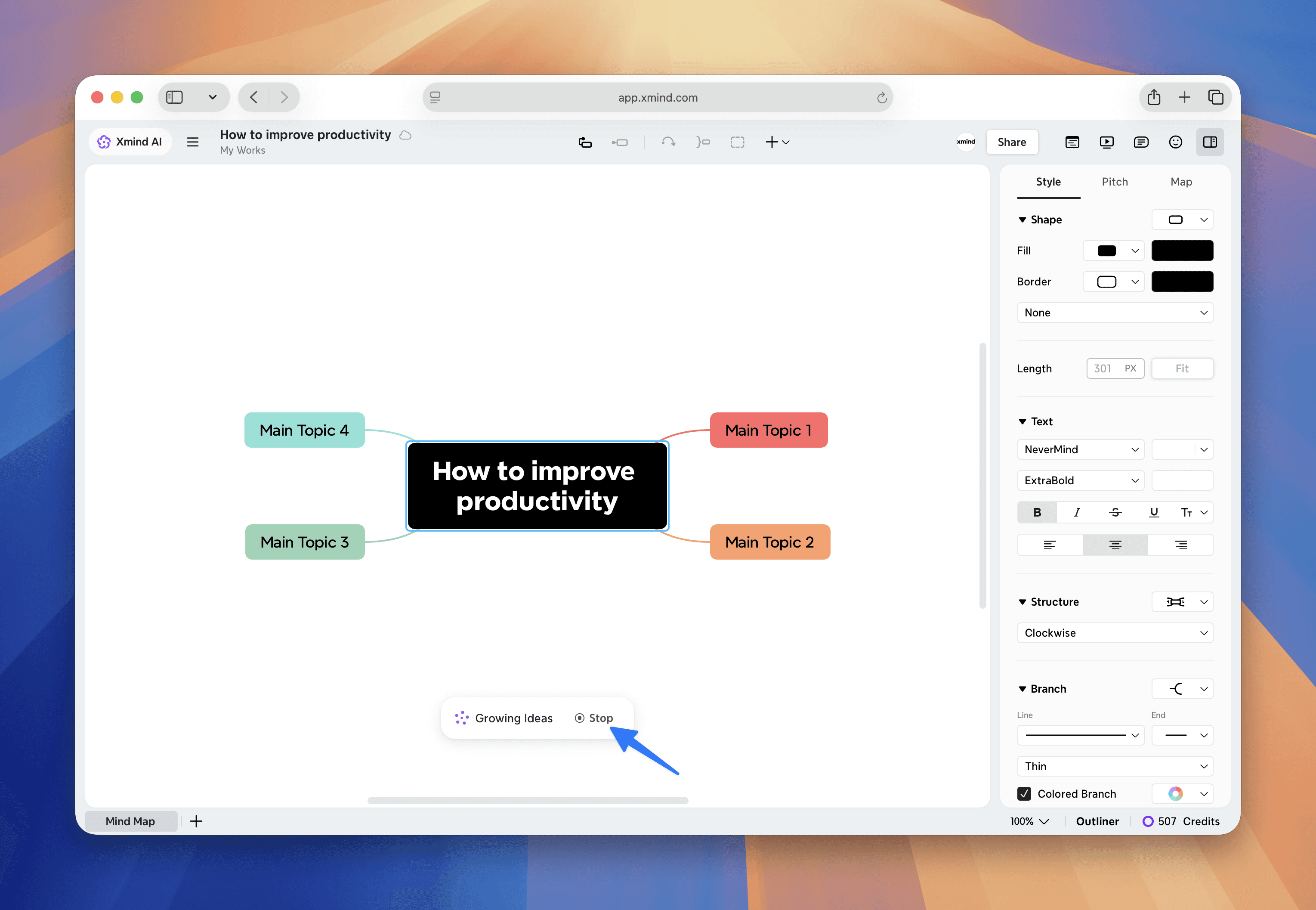 Mind map on improving productivity with ideas growing tool