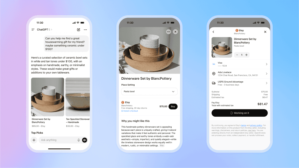 Drei Smartphone-Screens: ChatGPT empfiehlt ein Geschirrset, zeigt Produktdetails und den Checkout im Chat