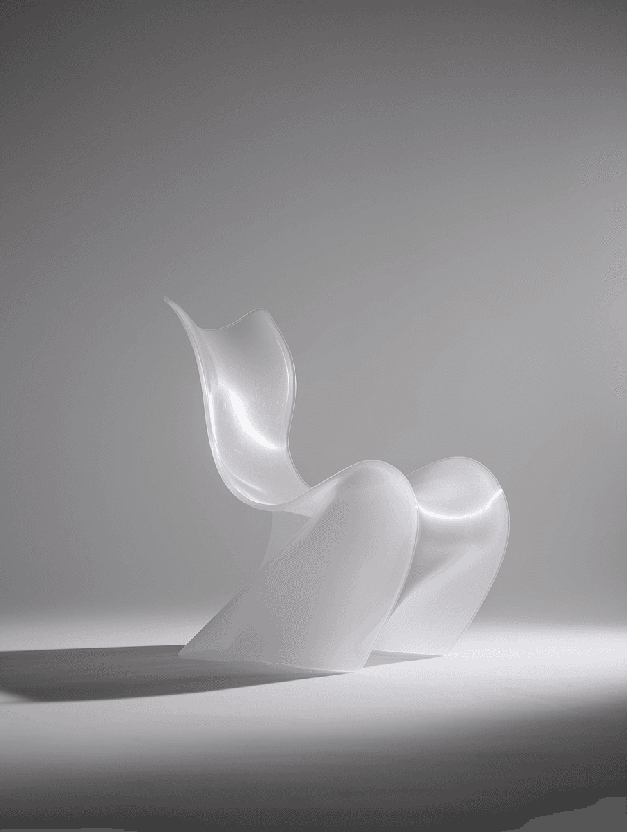 Minimal abstract sculpture with flowing translucent white curves, softly lit and casting gentle shadows on a neutral gray background.