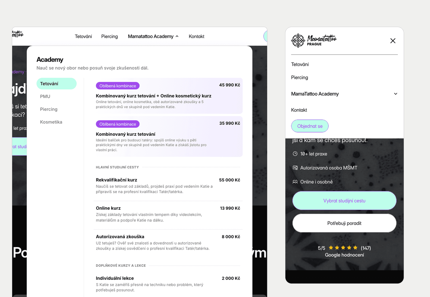 Mega menu Academy na desktopu a mobilní menu.