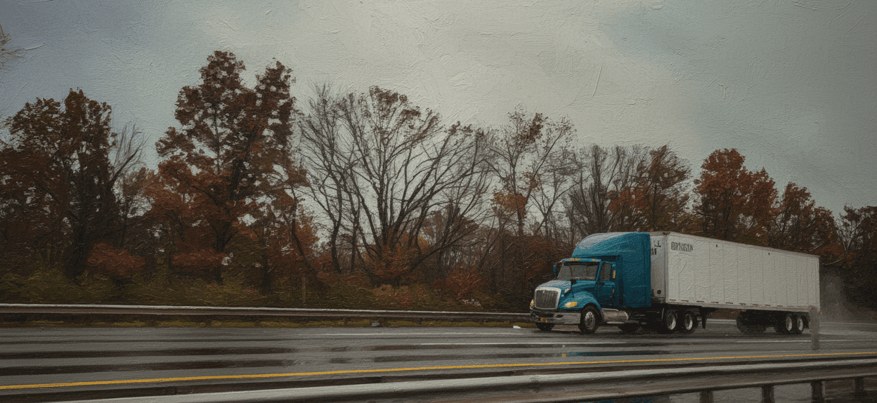 Blue trailer on the highway in the autumn in the style of an oil pastel.