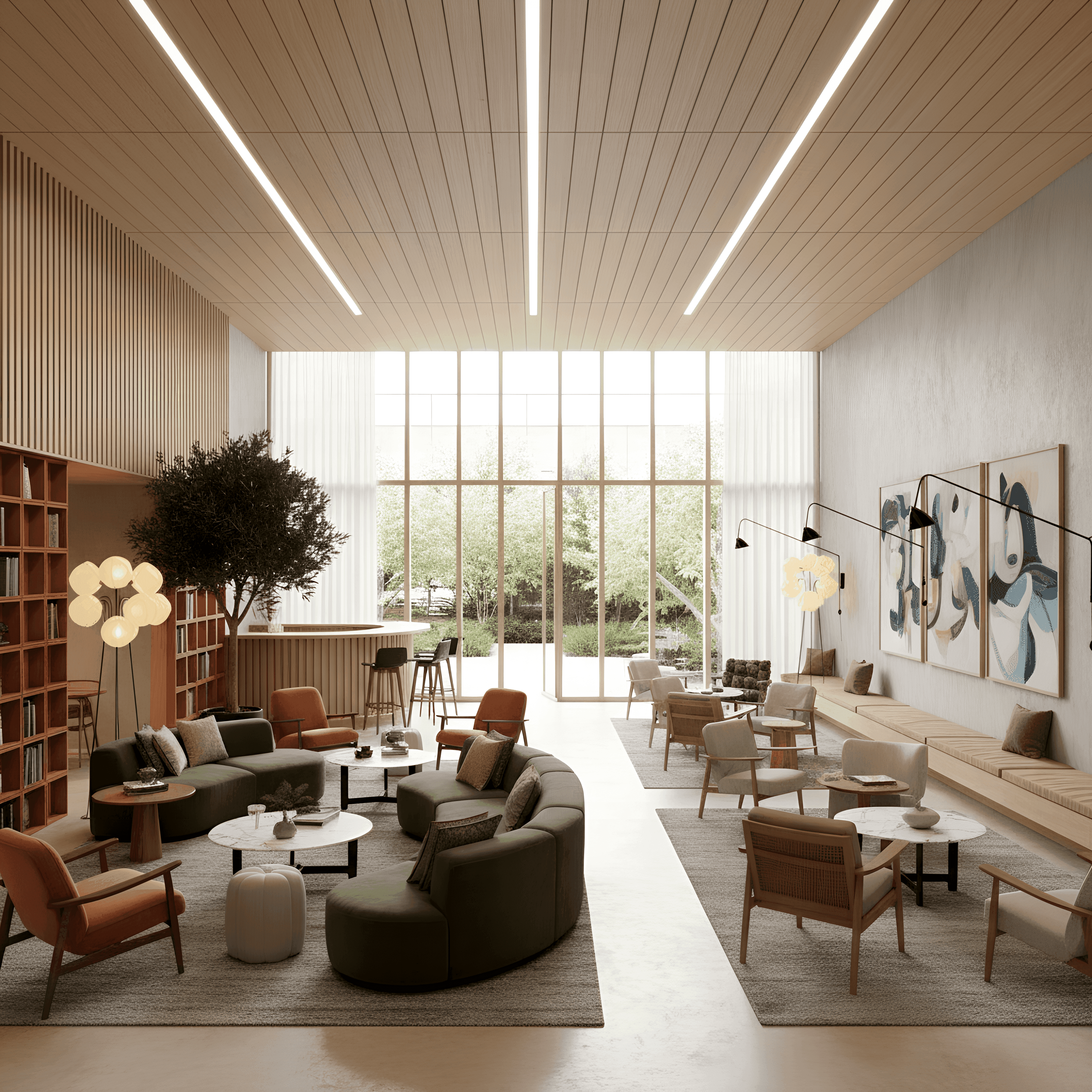 Contemporary office lounge in Cyprus with natural light, warm wood ceiling, biophilic elements and wellness-focused interior design by topos design studio