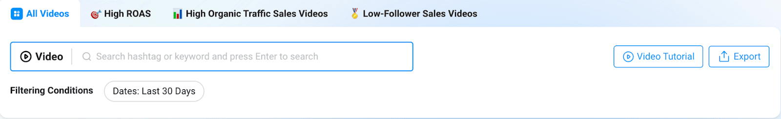 Video & Live Stream Analytics page with filters and search