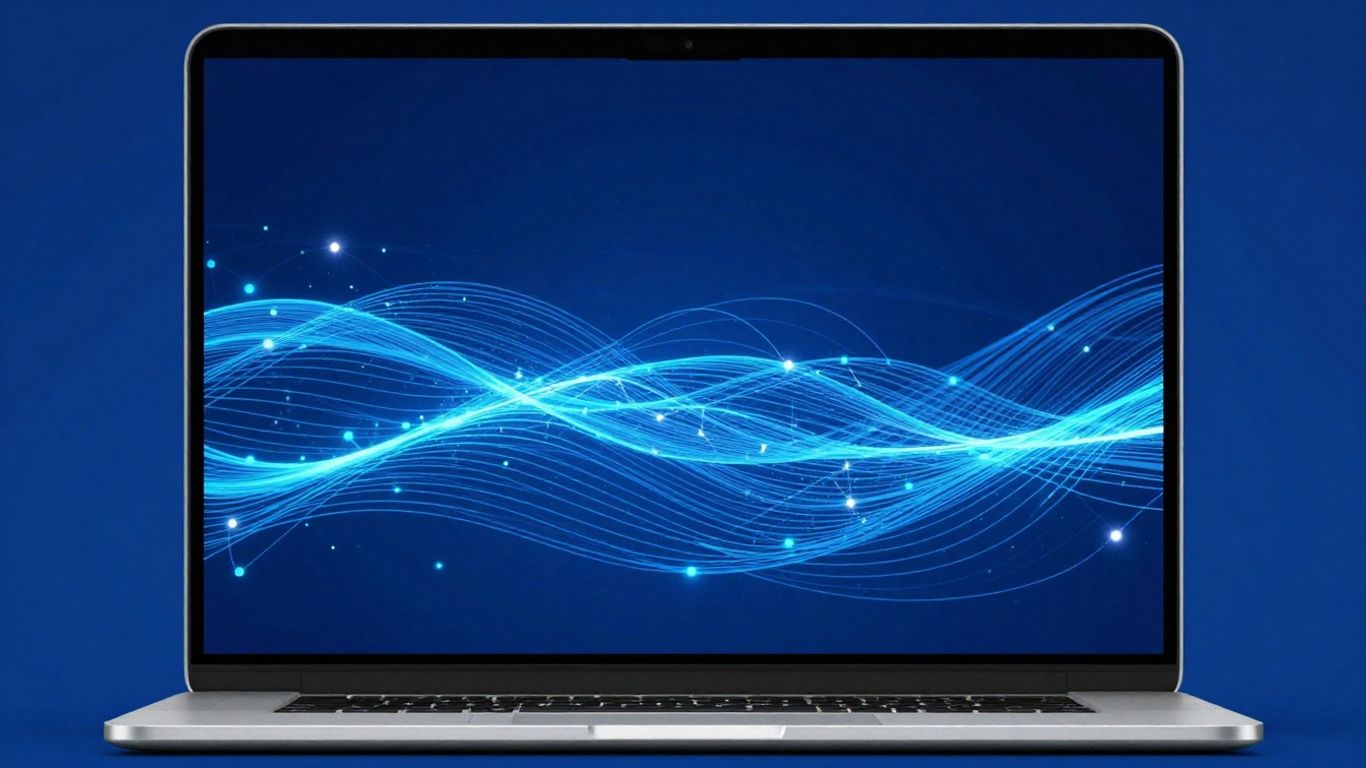 Abstract digital landscape on a laptop screen.