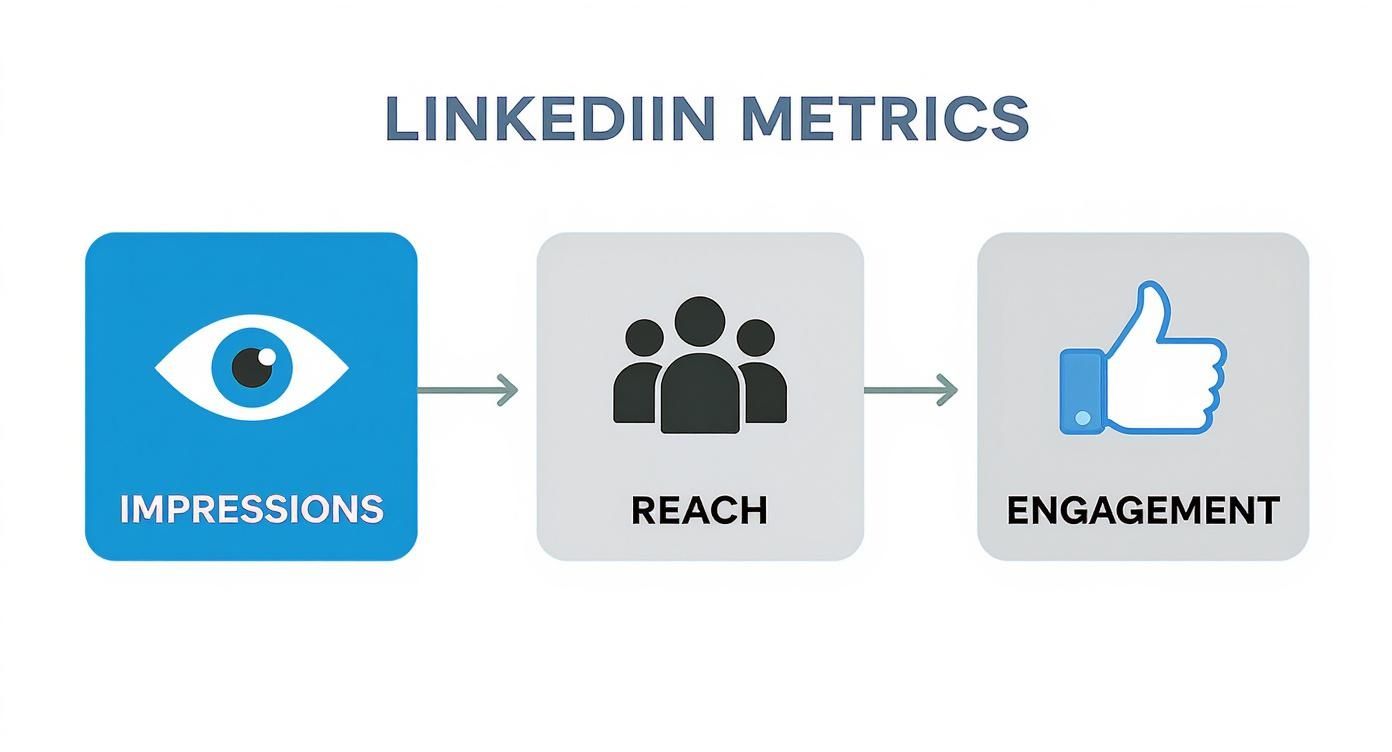 A diagram illustrating LinkedIn metrics: Impressions, Reach, and Engagement, with corresponding icons.