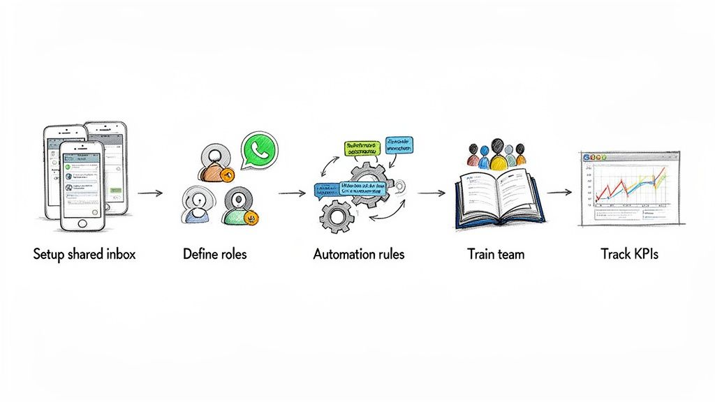 A diagram illustrating five steps: setup shared inbox, define roles, automation rules, train team, and track KPIs.