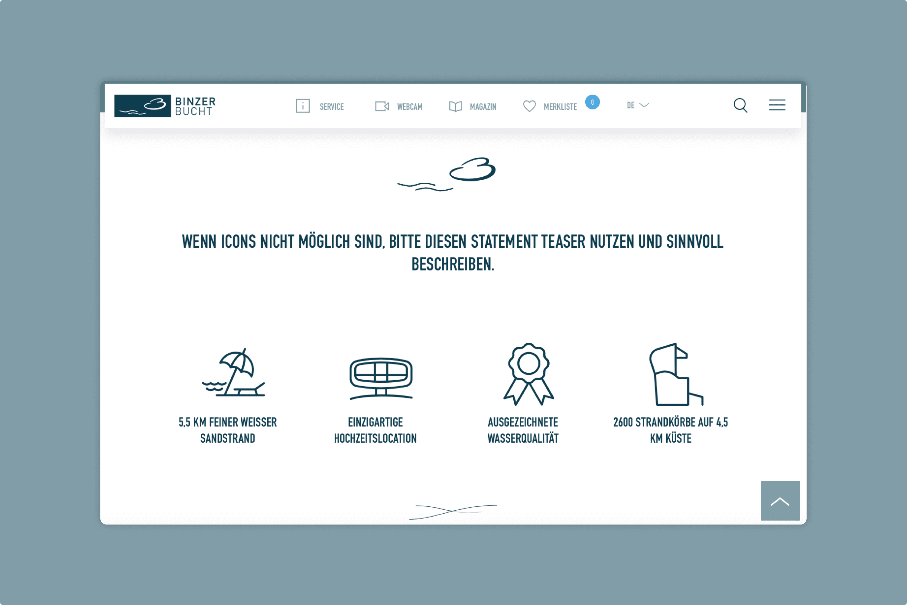 Website with navigation and icons: beach, wedding venue, award, beach chairs