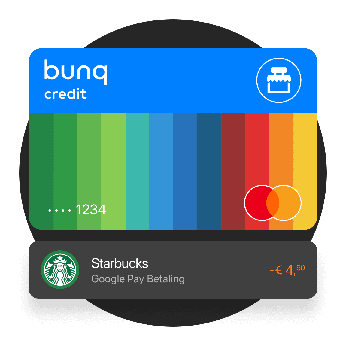 Een moderne creditcard met een blauwe bovenkant en kleurrijk gestreept design aan de onderkant, voorzien van een logo en kaartdetails.
