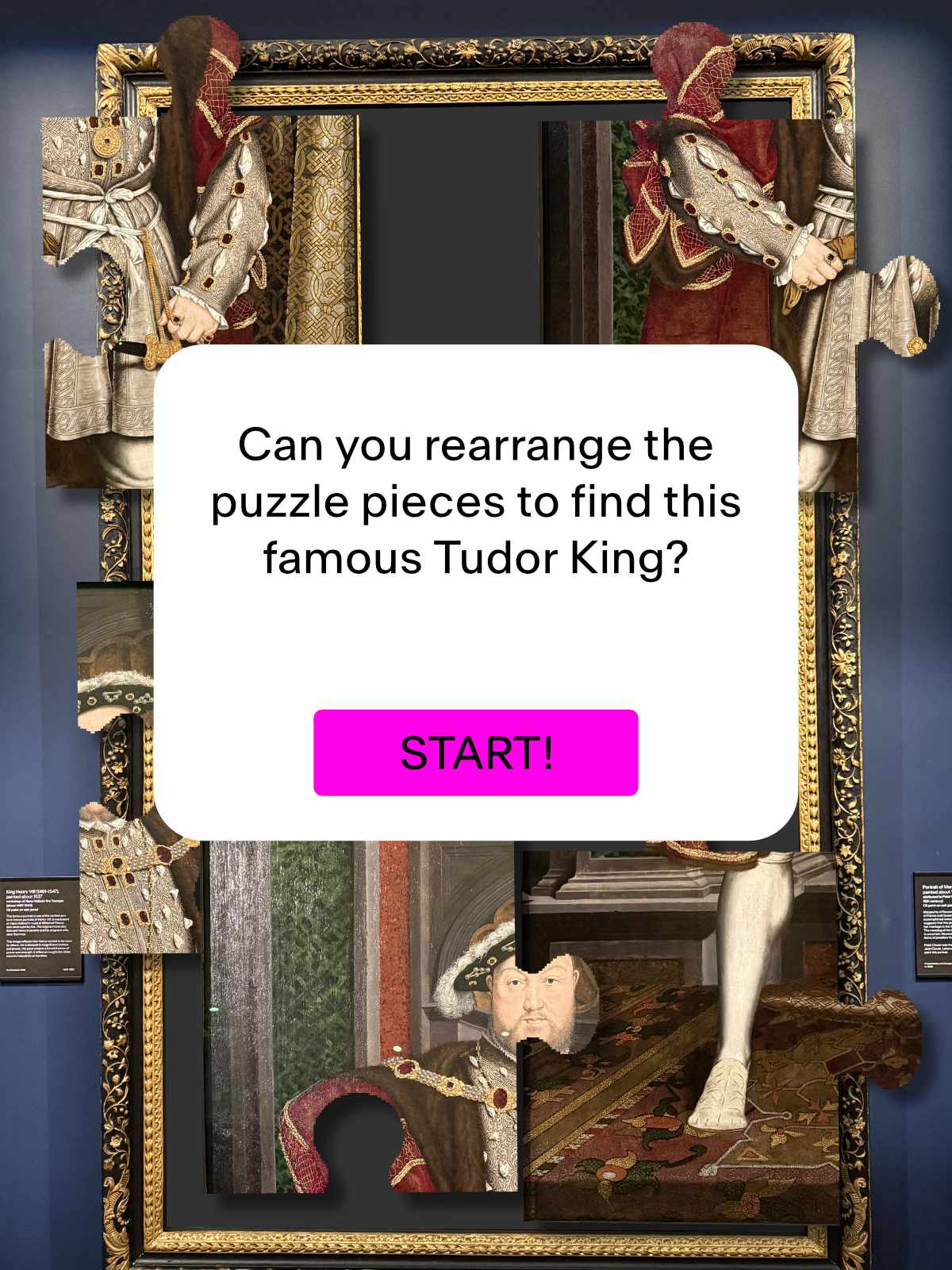 A scrambled jigsaw image of king henry 8th with a start game button on top