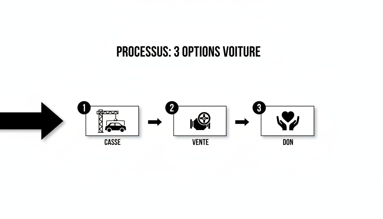 Infographie présentant un processus avec 3 options pour une voiture : la mise à la casse, la vente et le don.