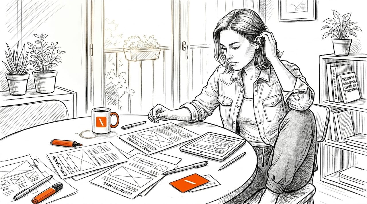 Installé à la table de la cuisine, un designer peaufine ses maquettes de pages web imprimées, ajustant chaque détail à la main.