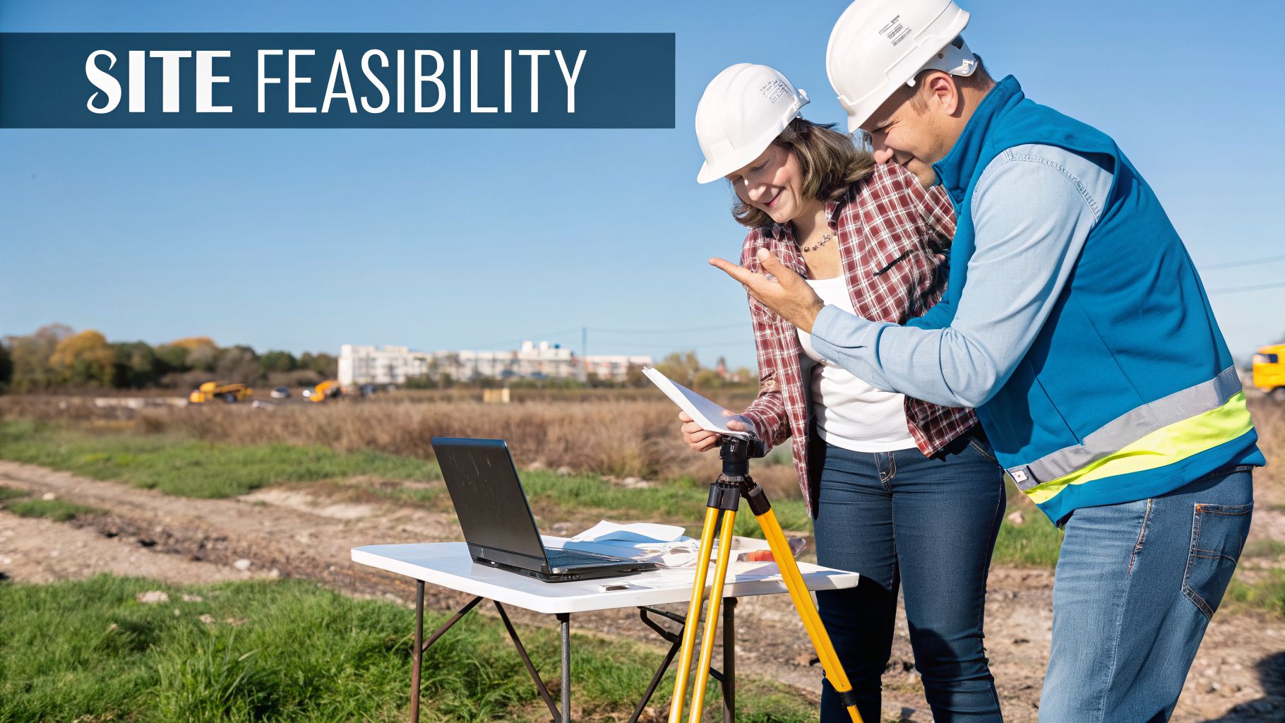 Two engineers in hard hats discussing site feasibility plans at a sunny construction site.