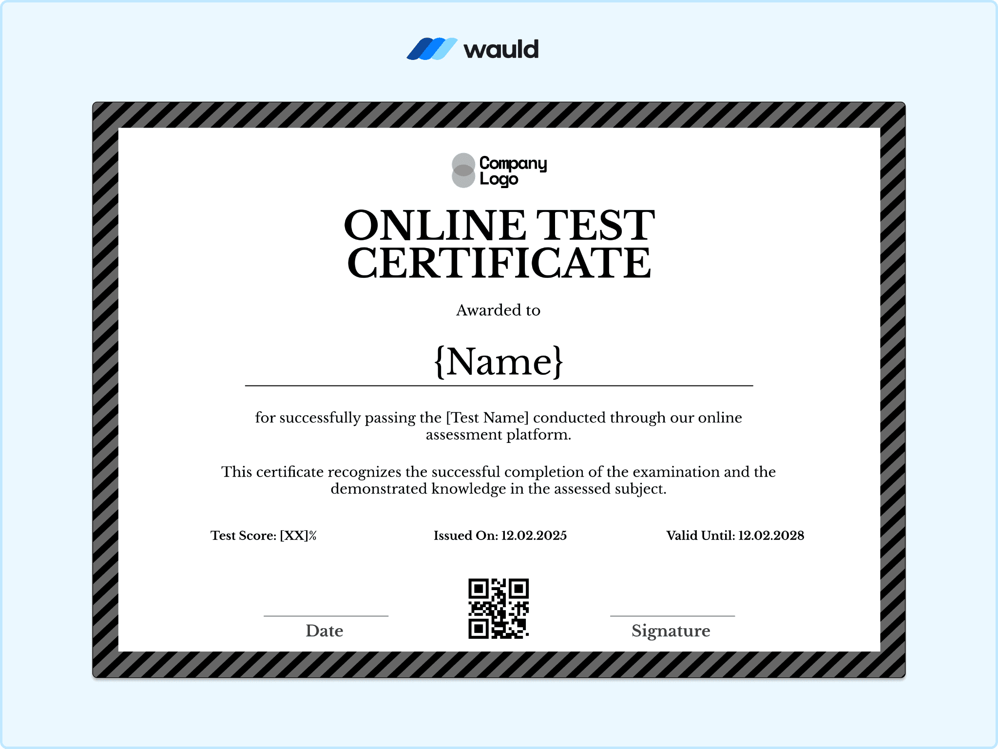 Online test certificate template with black dashed minimal border