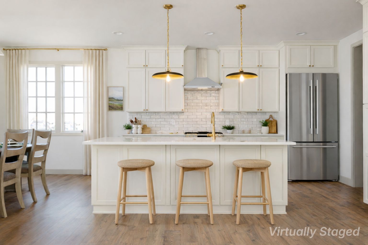 Virtually staged kitchen with furniture and fridge.