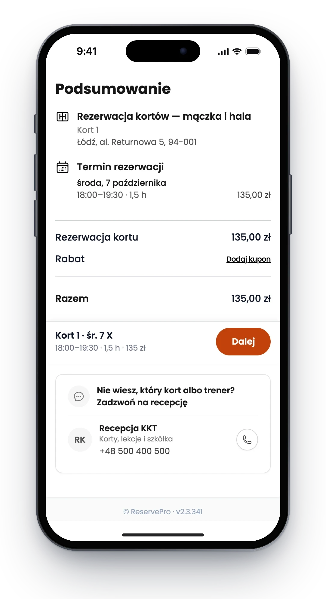Telefon z podsumowaniem rezerwacji kortu na 1,5 godziny w środę o 18:00 za 135 zł