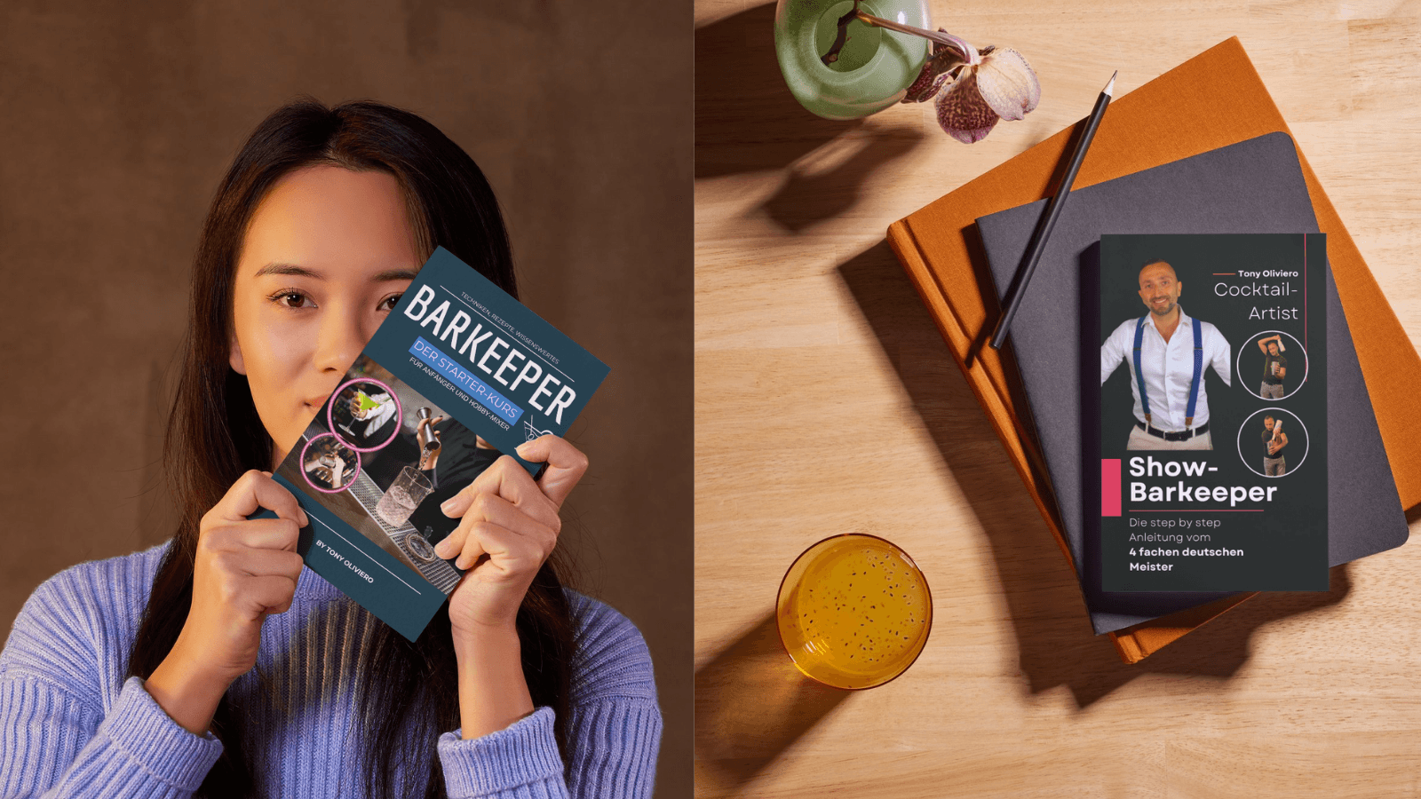 Beide Bücher von Tony Oliviero – Barkeeper Starter Kurs und Showbarkeeper Step by Step – für Anfänger, Hobby-Mixer und angehende Profis.