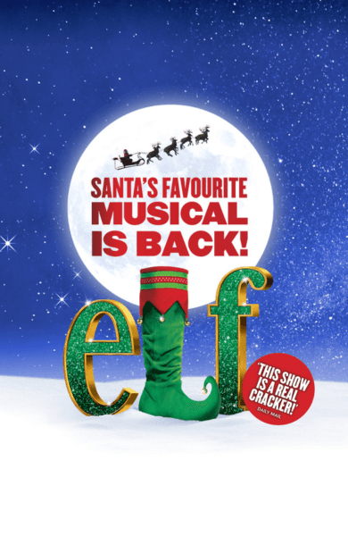 Elf The Musical logo with a green elf shoe and Santa's sleigh in the moonlit sky.