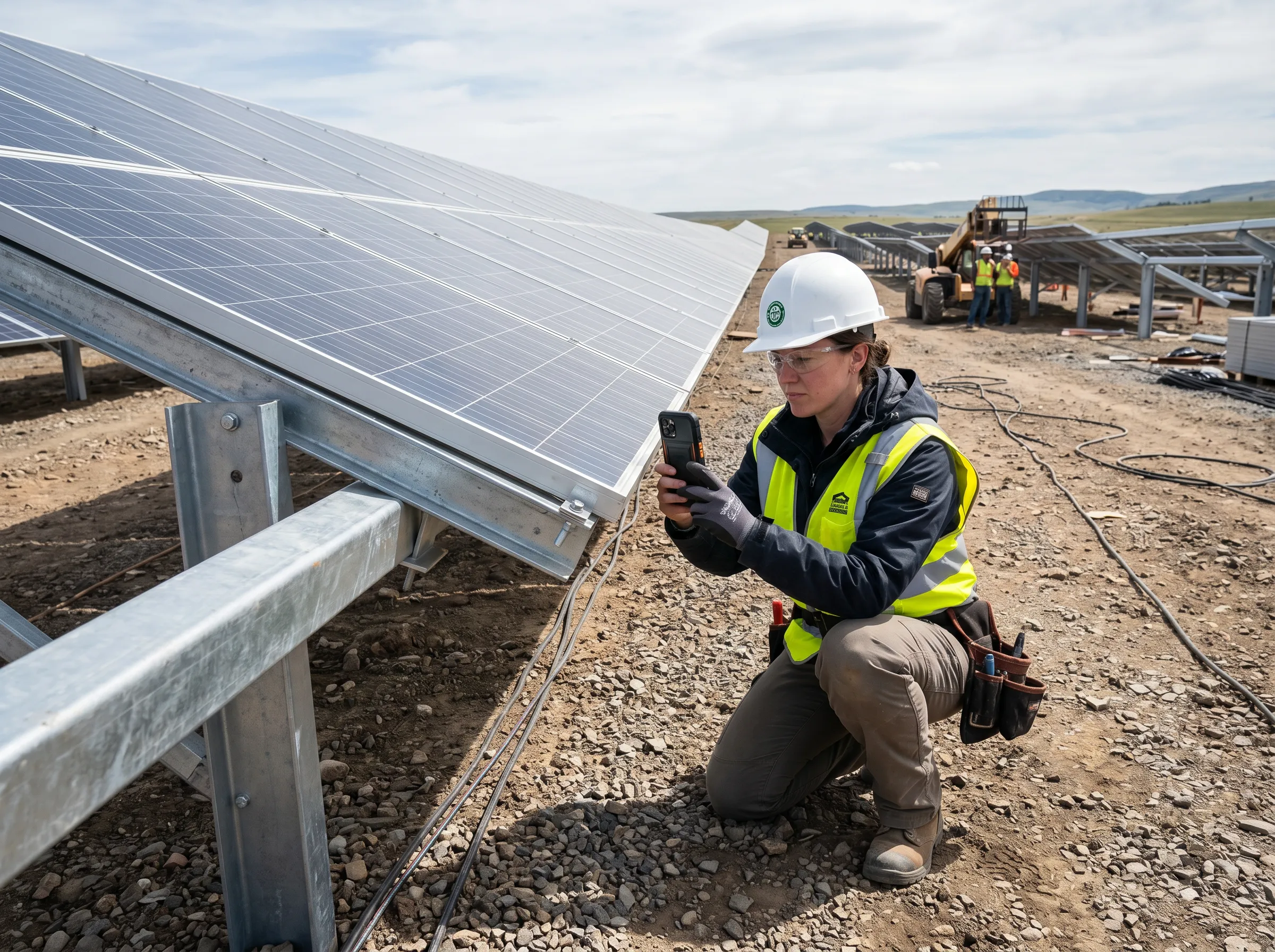 A technician in safety gear kneels beside solar panels, using a tablet to inspect and record performance data.