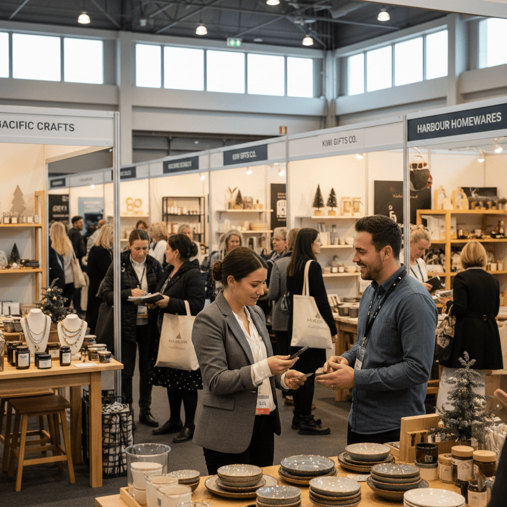 Retail buyer scanning a supplier business card at Autumn Gift & Homeware Fair 2026 in Auckland using the Habsy business card scanner app for trade show lead capture.