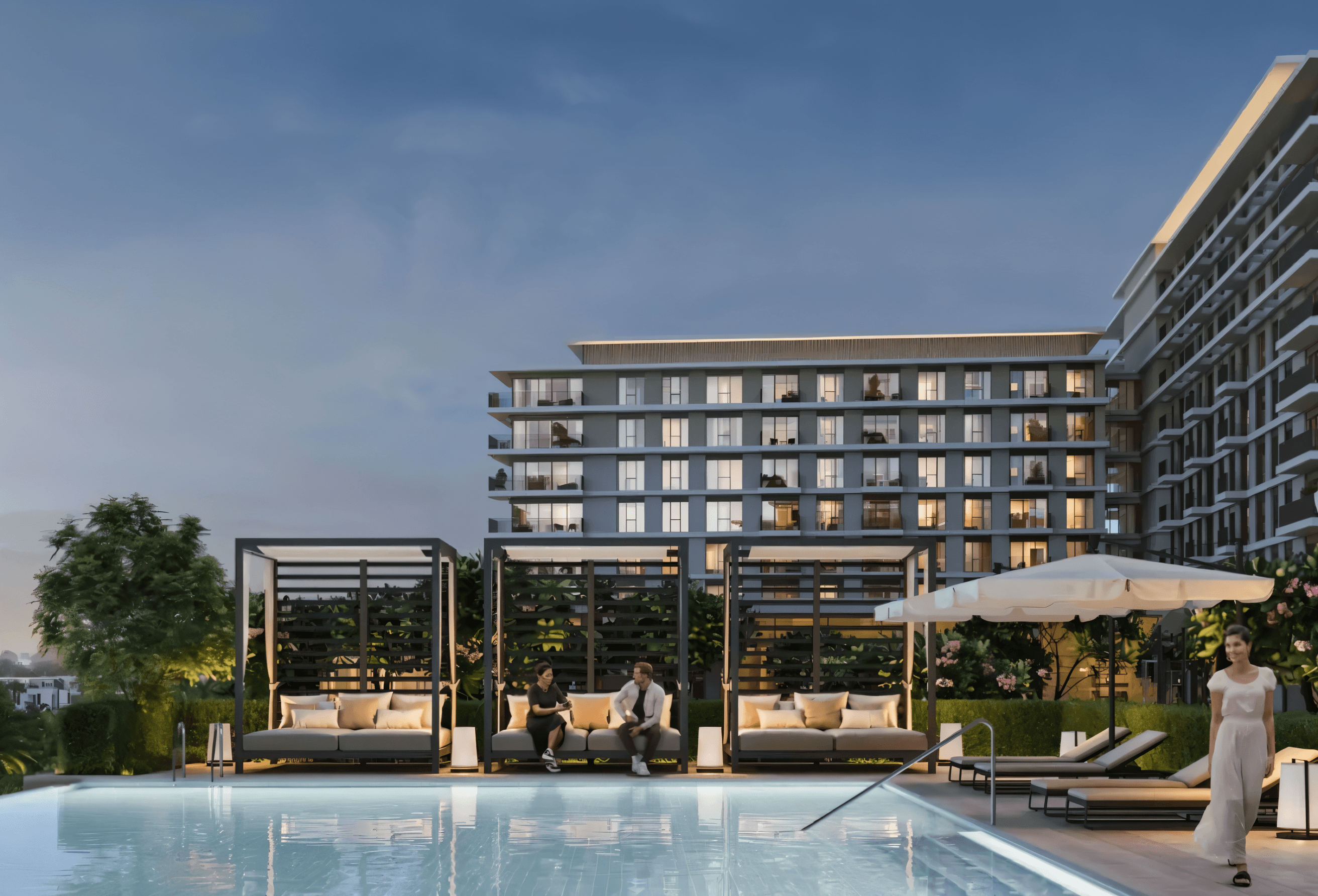 Spacious lobby of a modern apartment building, showcasing stylish seating and a welcoming atmosphere.