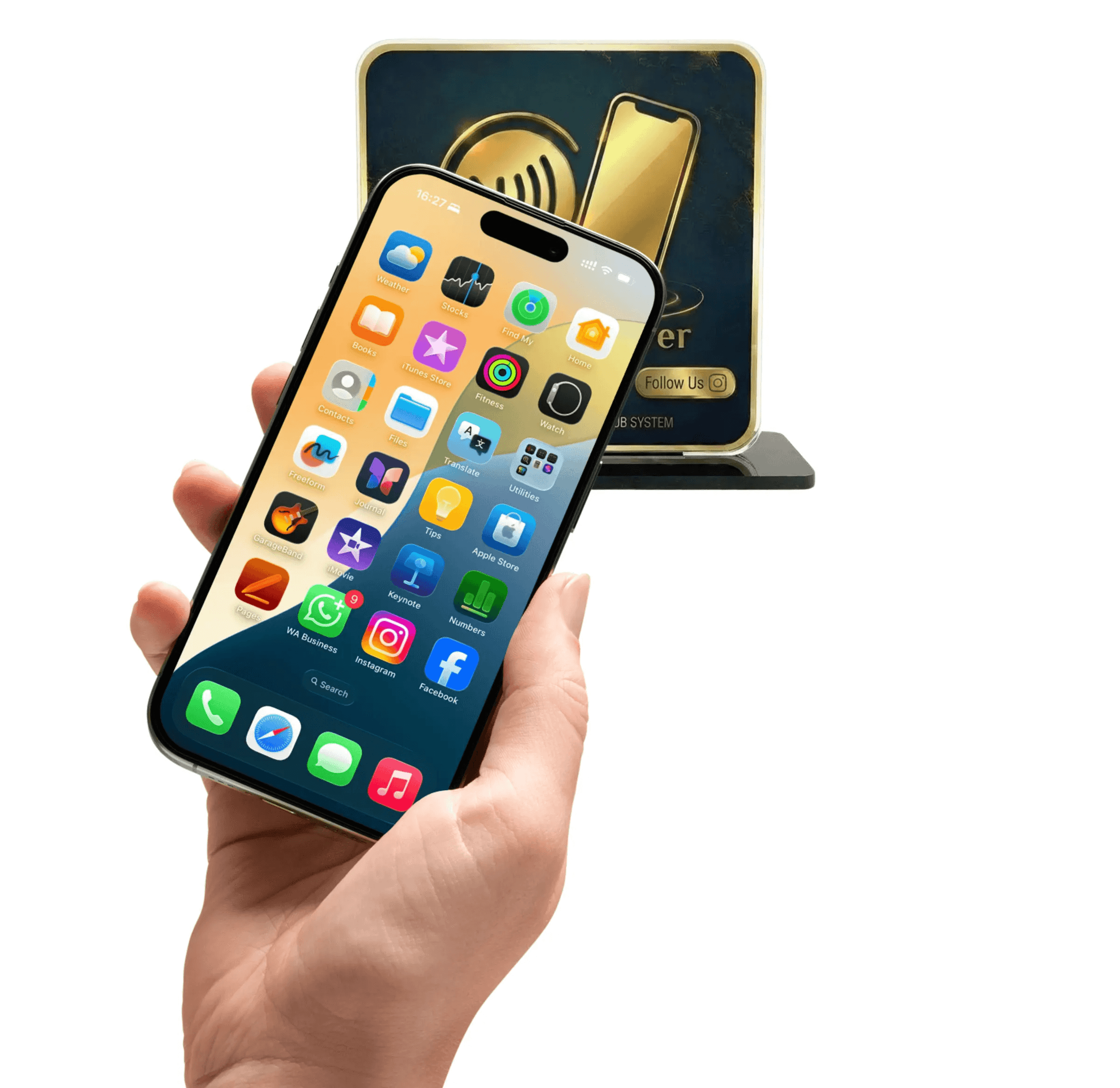 Smartphone held near an NFC table stand to demonstrate tap interaction for accessing digital content