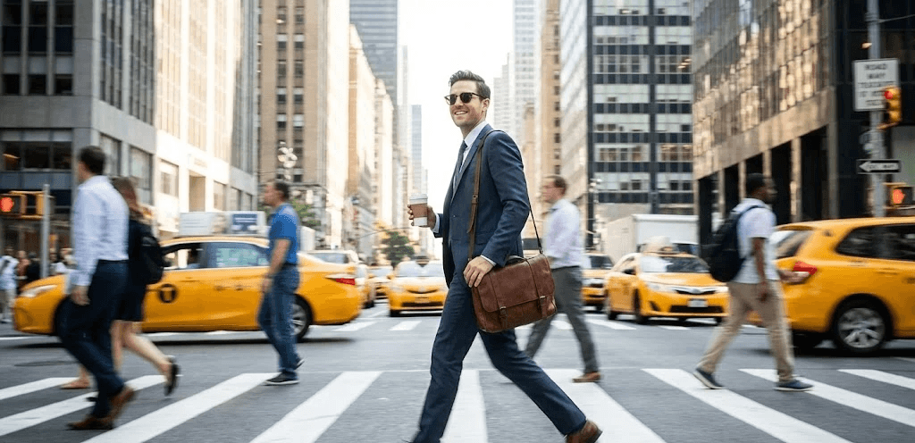 Dynamic shot of a young professional in the city, holding a coffee/bag, looking sharp (sunglasses).