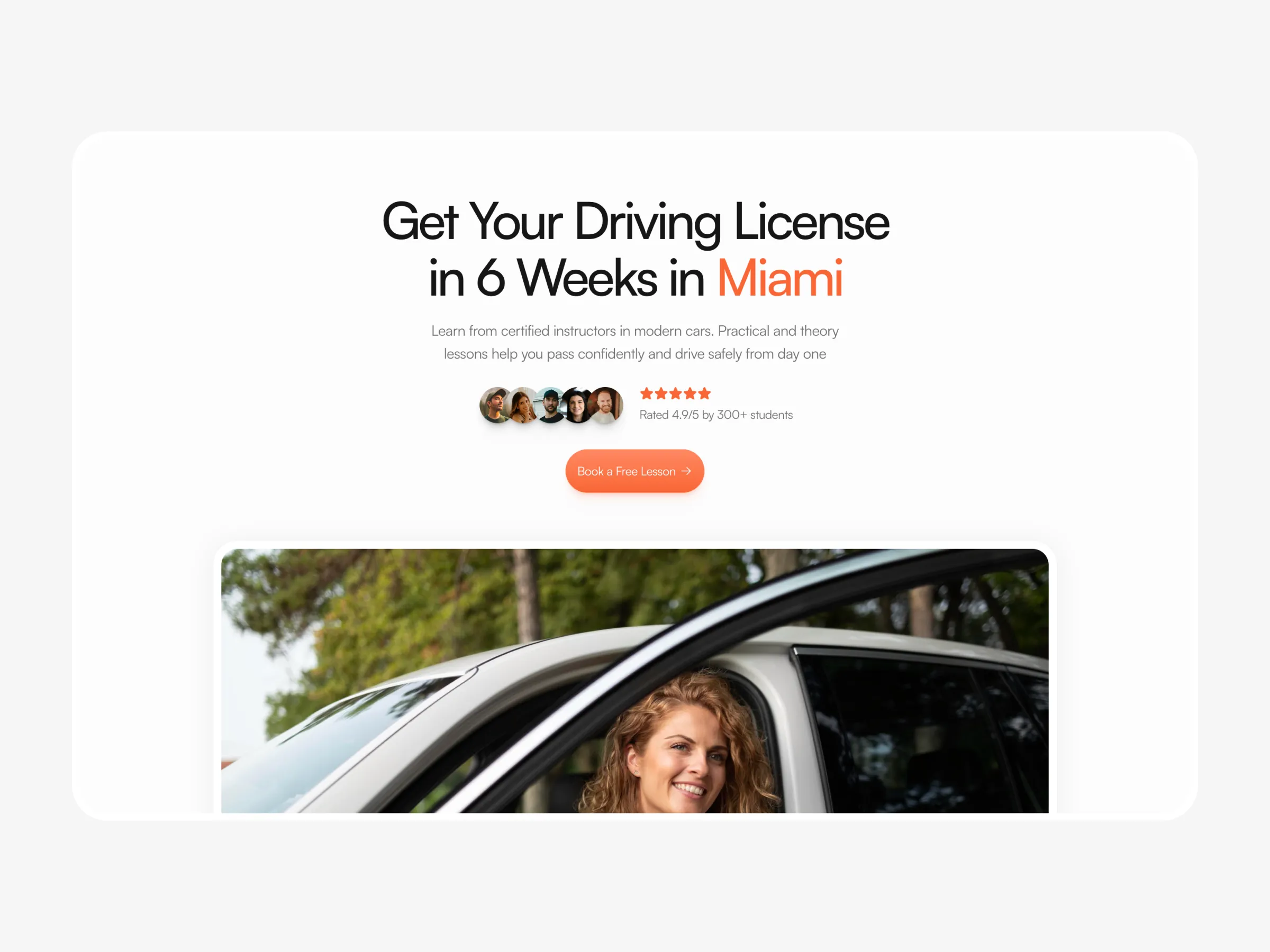 Driving school website template hero section with license booking call to action
