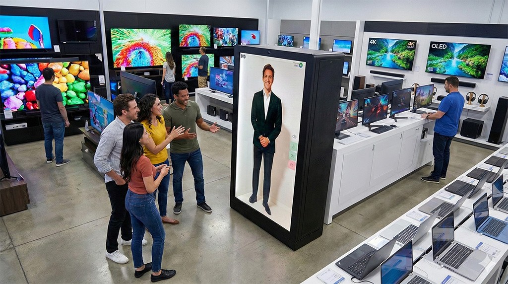 Interactive conversational AI hologram attracting customers and answering questions inside a retail store