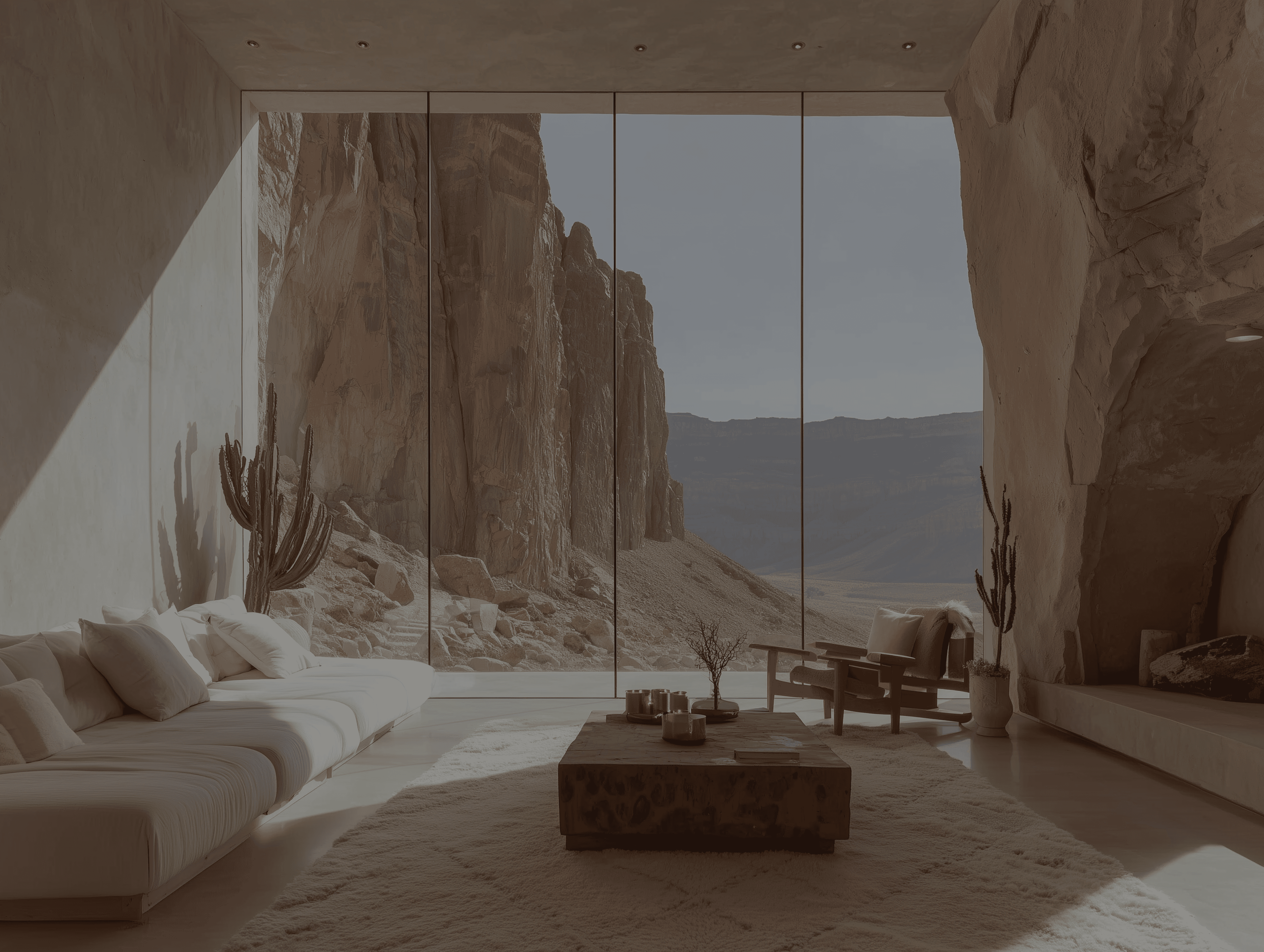 A narrow open-air corridor of rough-hewn stone and olive trees leading toward a bright, open horizon.