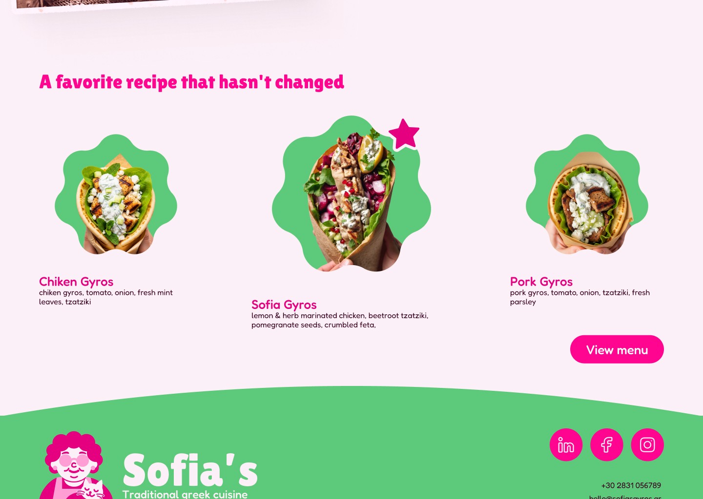 Sofia's - screen landing page menu