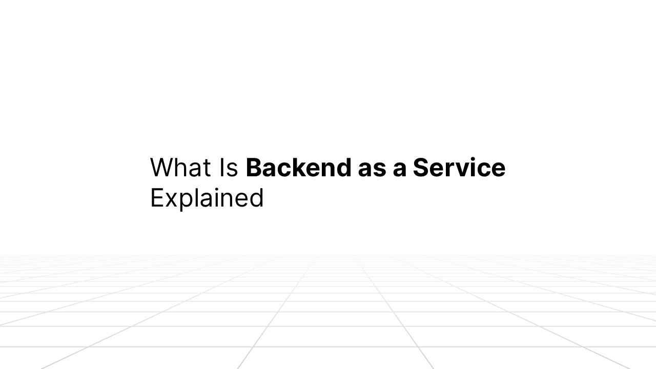 A minimalist presentation slide with the title 'What Is Backend as a Service Explained' displayed in large black text against a white background with subtle geometric line patterns at the bottom