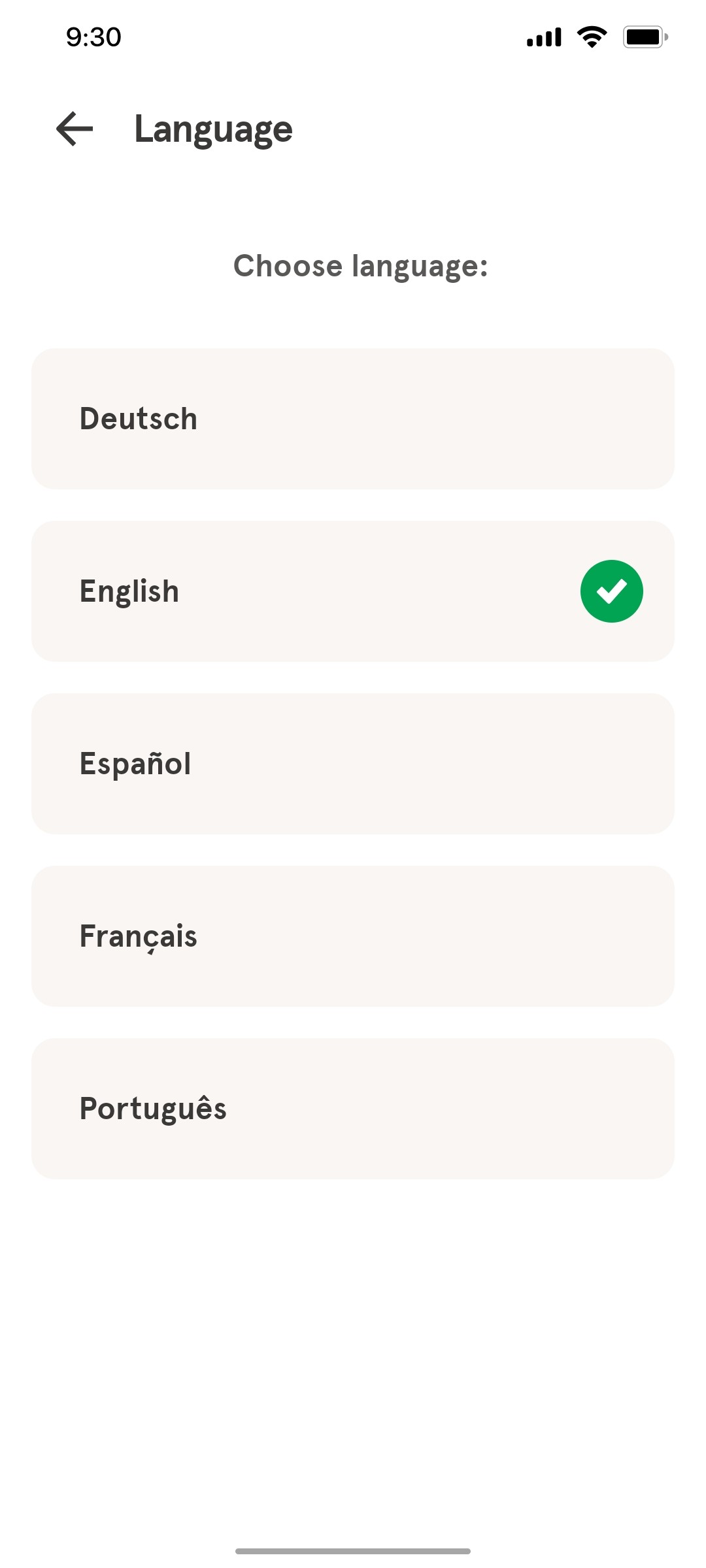 Headspace Language setting screen