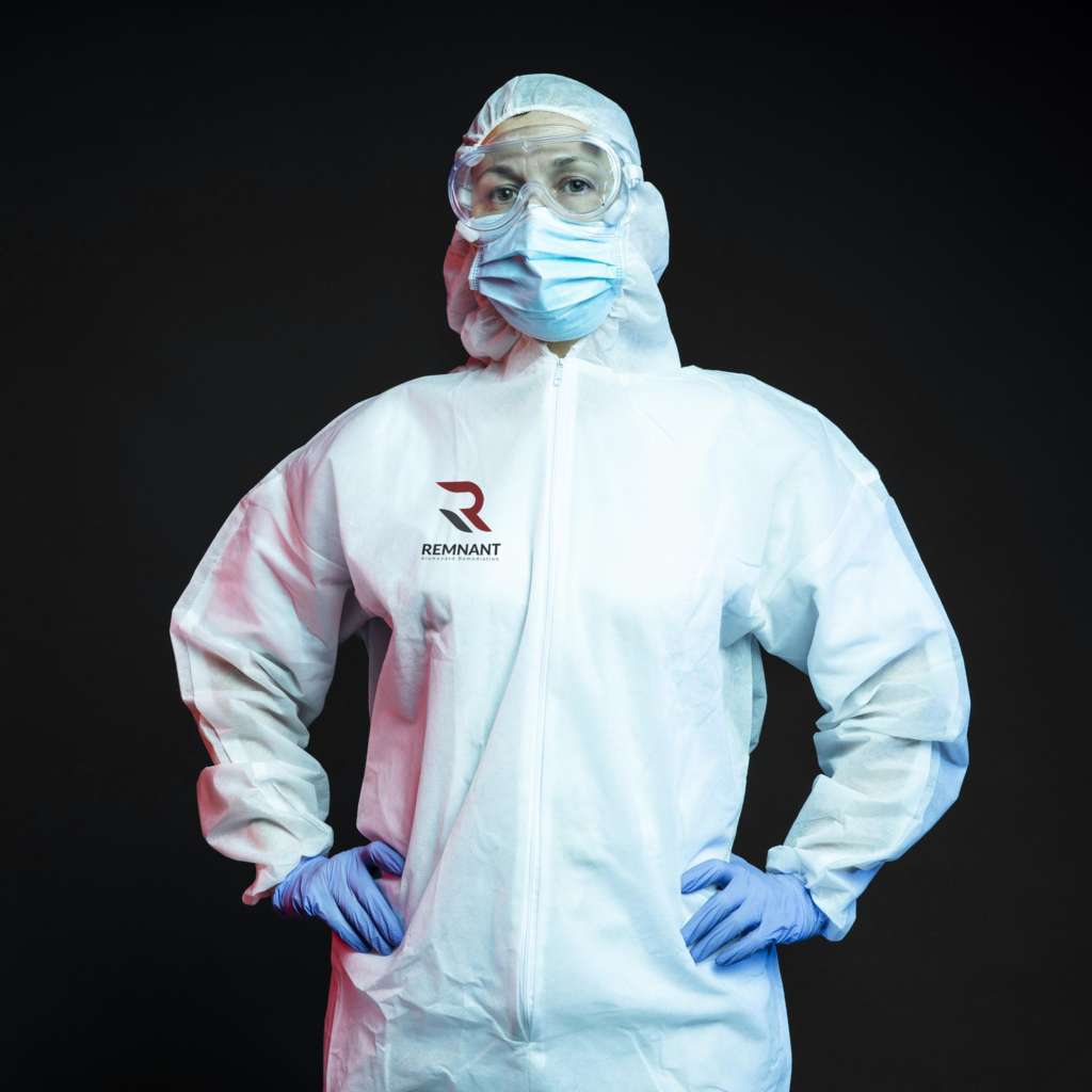 Death cleanup technician in a hazmat suit