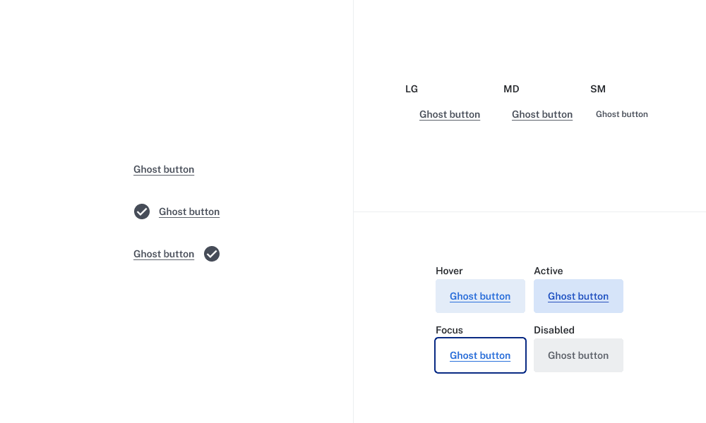 Estilo definido do botão fantasma (ghost-button), incluindo tamanhos (pequeno, médio e grande) e estados como hover, ativo, foco e desativado.