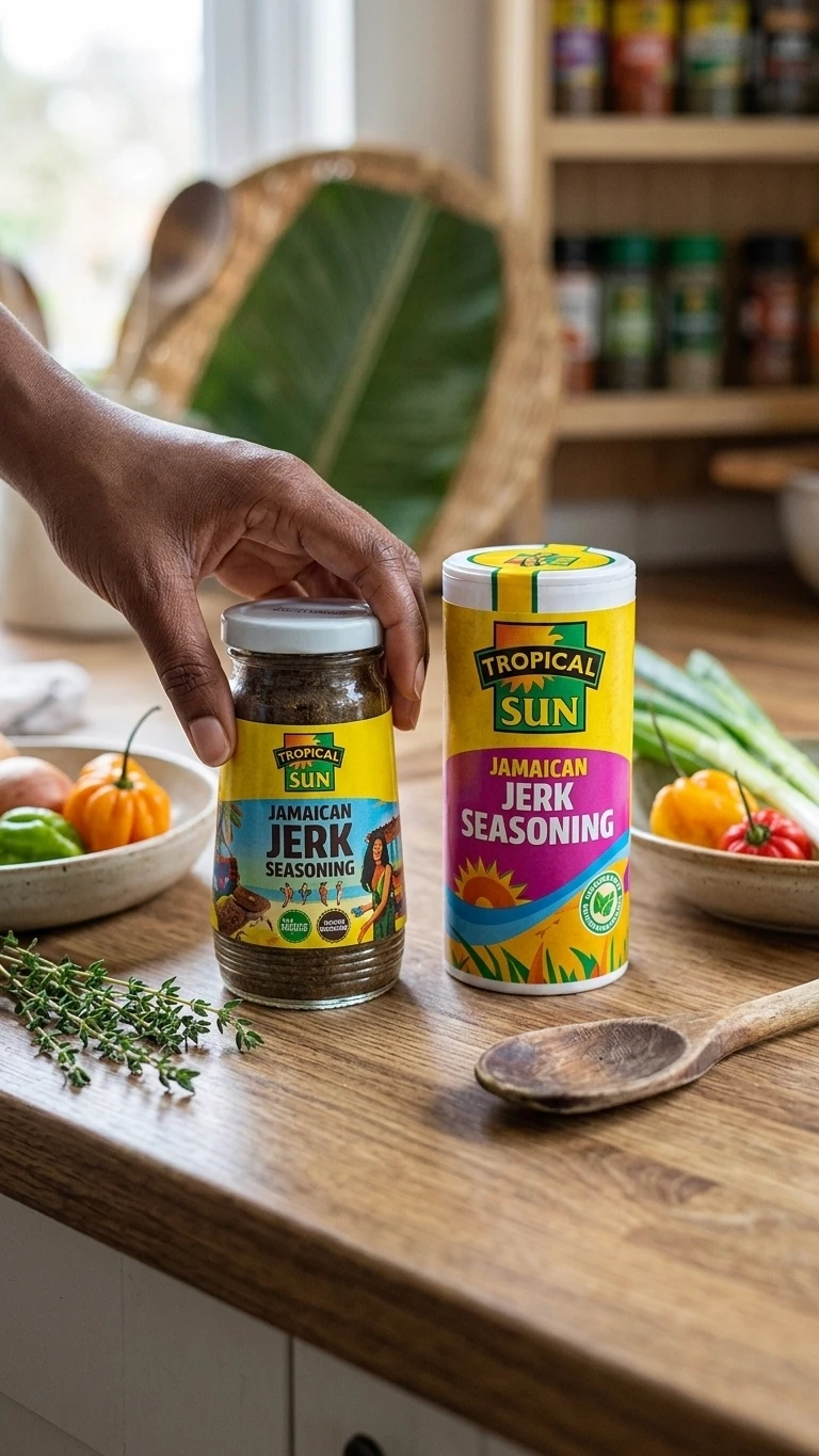 Hand holding Tropical Sun Jerk seasoning jar and shaker in kitchen for mediareach food lifestyle marketing