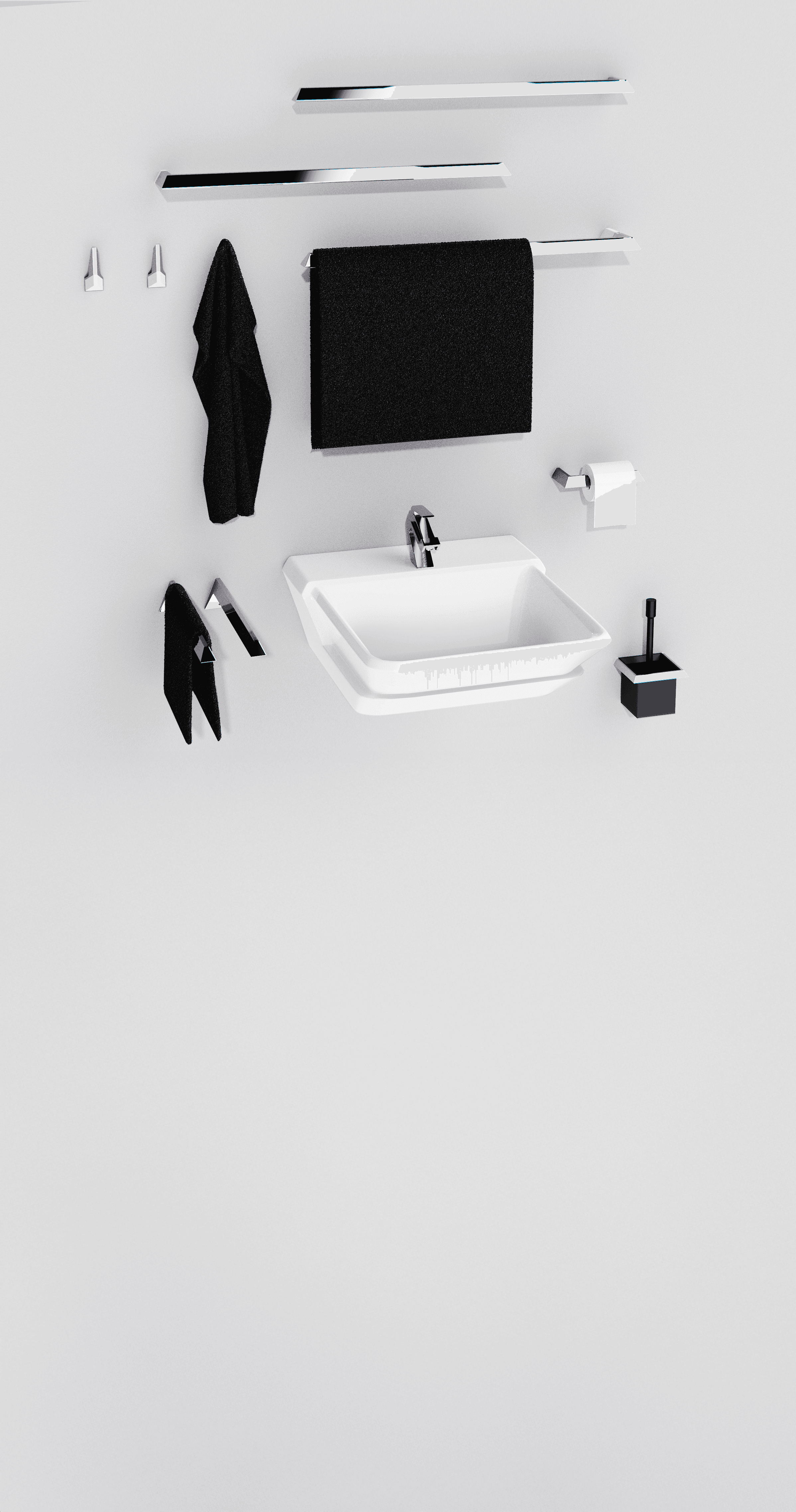 The complete Kane bathroom accessories set featuring the washbasin, faucet, towel holders, bathrobe hooks, toilet paper holder and toilet brush, wall mounted on a grey surface with black towels placed.